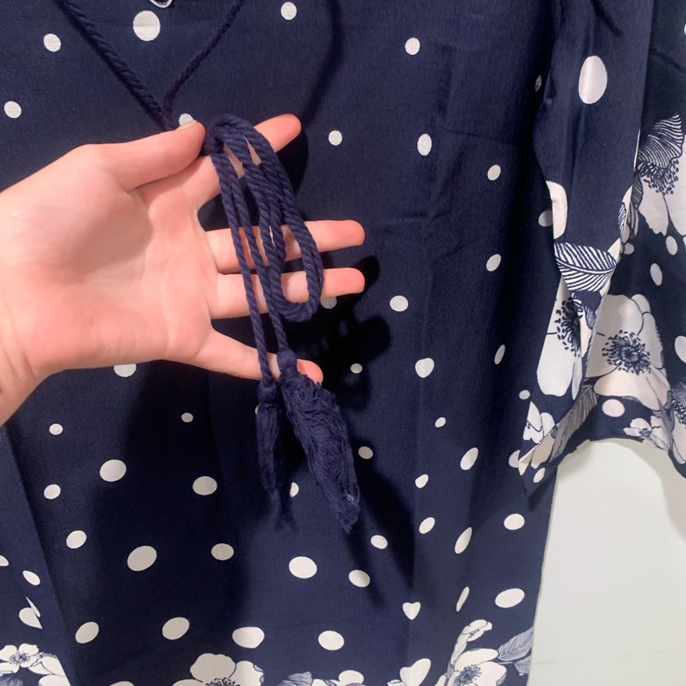 Navy Blue and White Polka Dot and Floral Print Tunic Dress - Picture 7 of 8